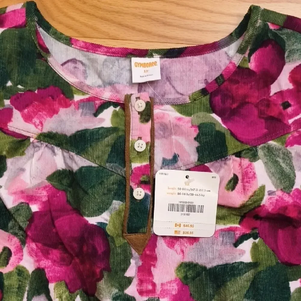 Gymboree, Floral Corduroy Dress 100% Cotton Size 12 NWT